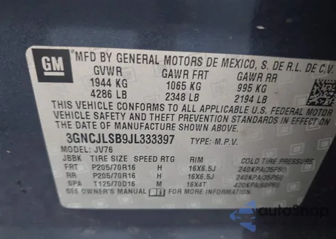 2018 Chevrolet Trax Lt z USA, uszkodzony, nr VIN 3GNCJLSB9JL333397